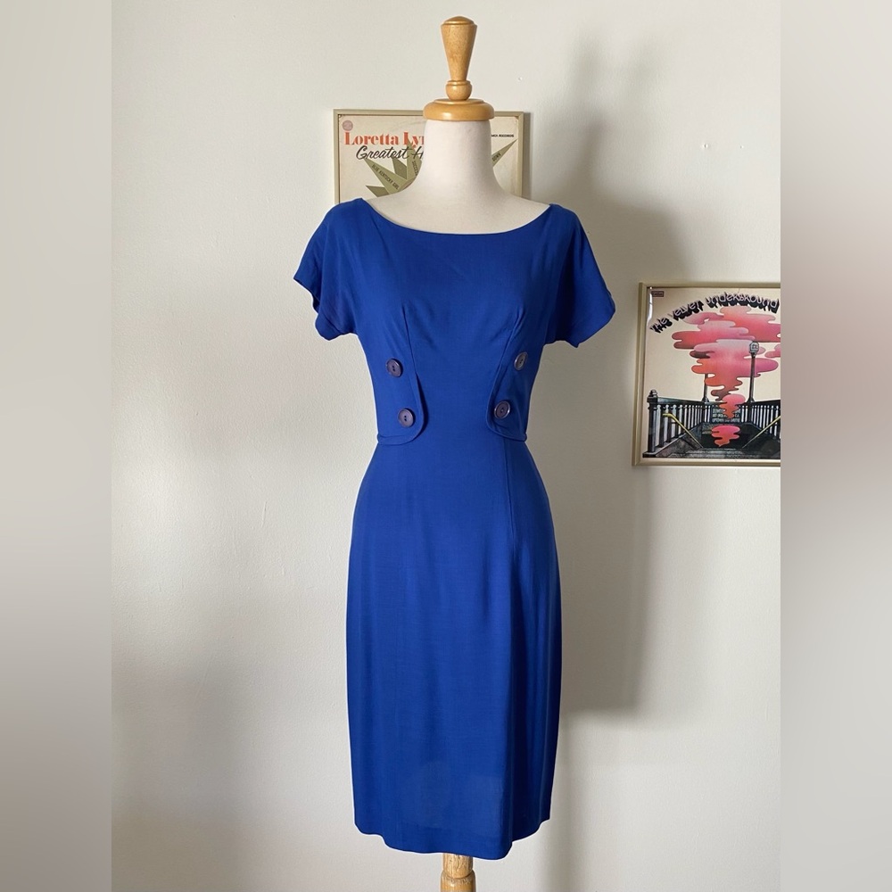 Vintage 1960s MR. MORT Vivid Cobalt Blue wiggle dress with button detail XS